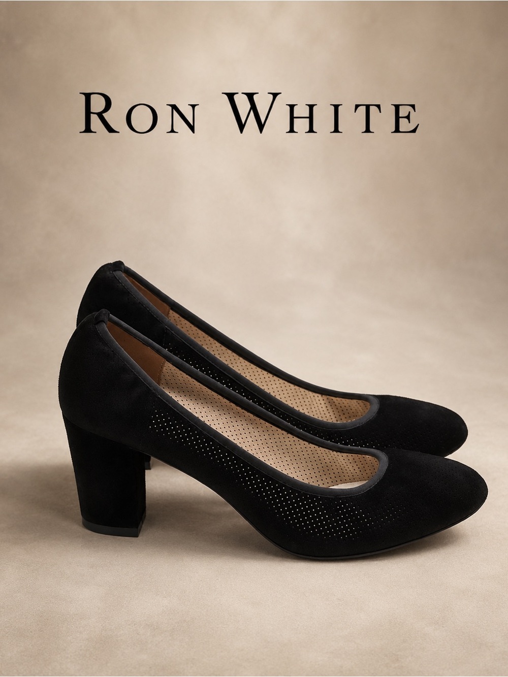 Ron White Callie Black Laser Cut Suede Leather Block Heel Pumps